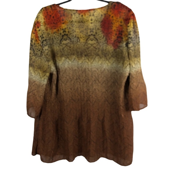 Catherines Top Tunic Crotchet V-neck 3/4 Bell Sleeves Multi print Earth tones 16 - Picture 2 of 7